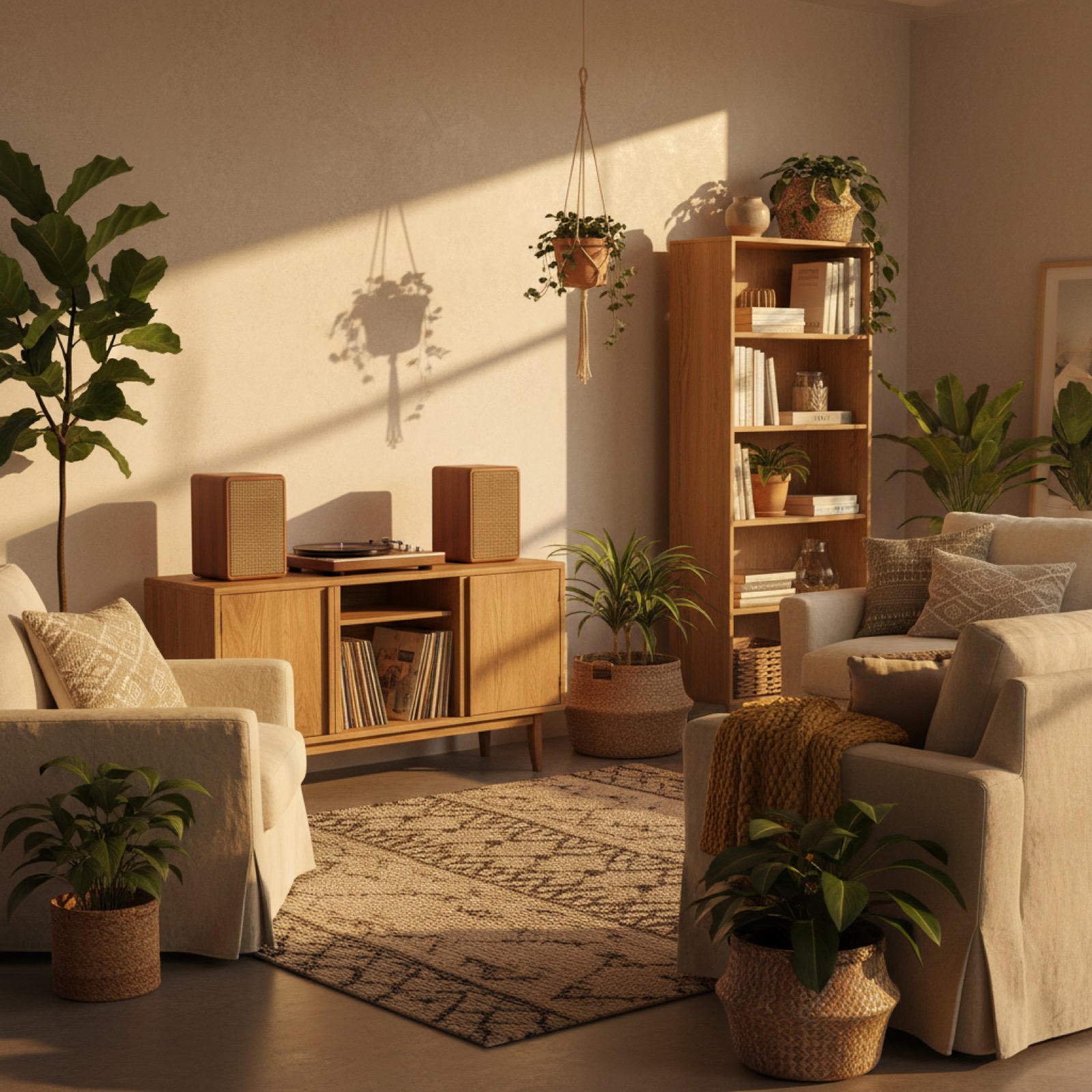 Salon chaleureux avec enceinte en bois et platine vinyle