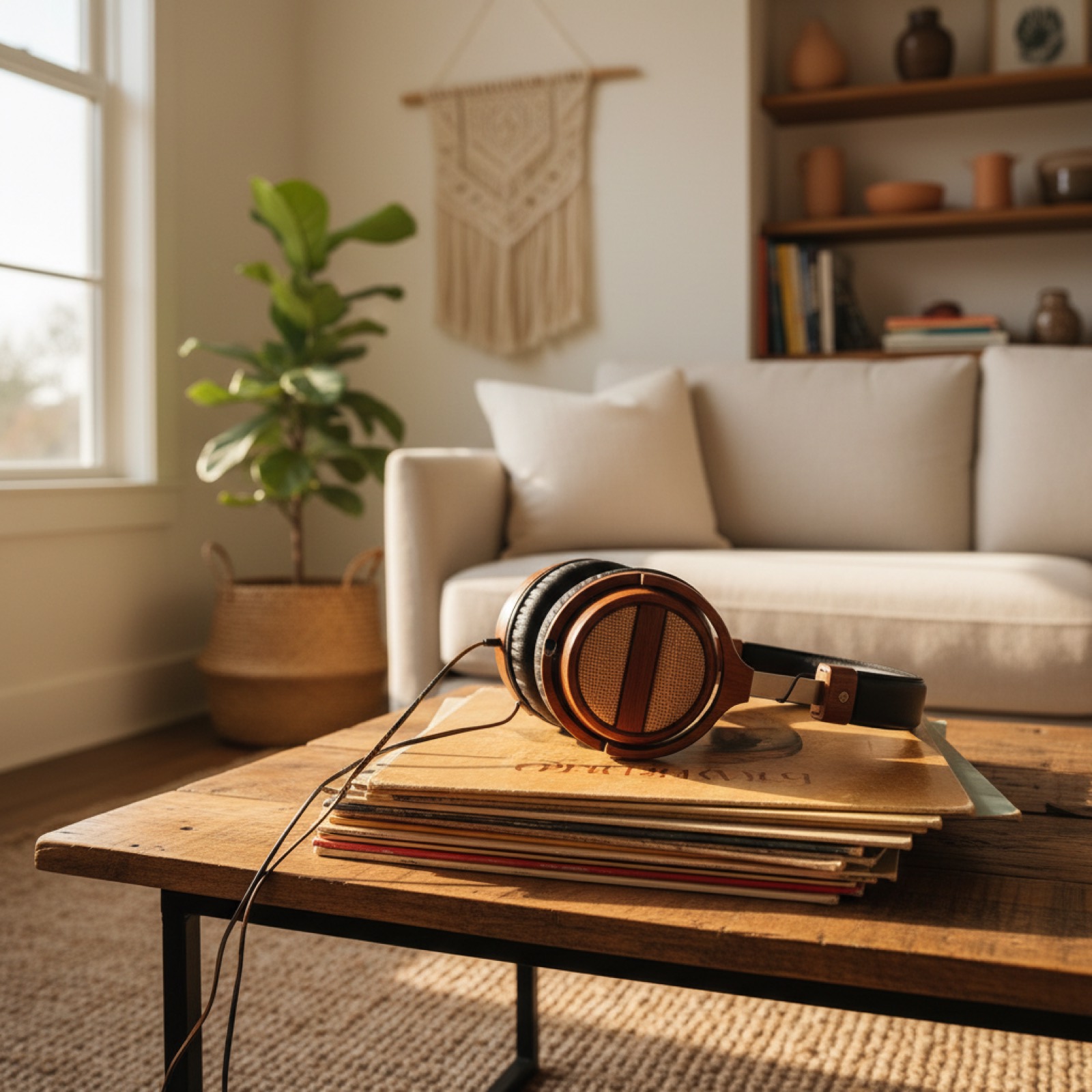 Casque en bois posé sur des vinyles